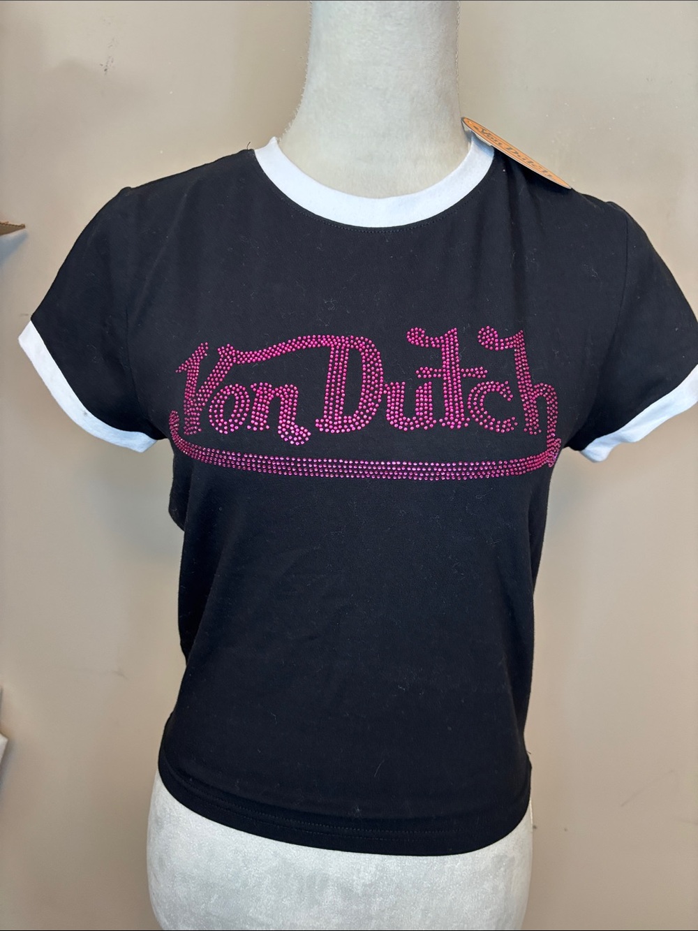 Von Dutch Pink Rhinestone Logo Ringer Cropped Tee